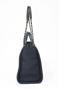 Navy blue lambskin leather-trimmed canvas Small Deauville Tote bag with gold-tone hardware