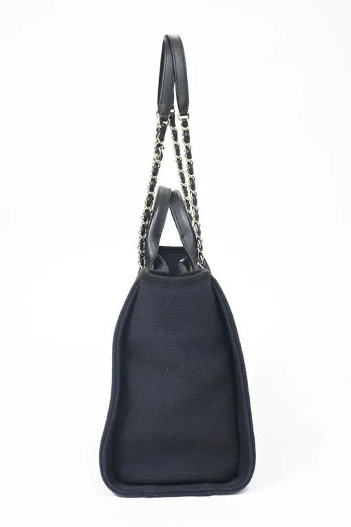 Navy blue lambskin leather-trimmed canvas Small Deauville Tote bag with gold-tone hardware