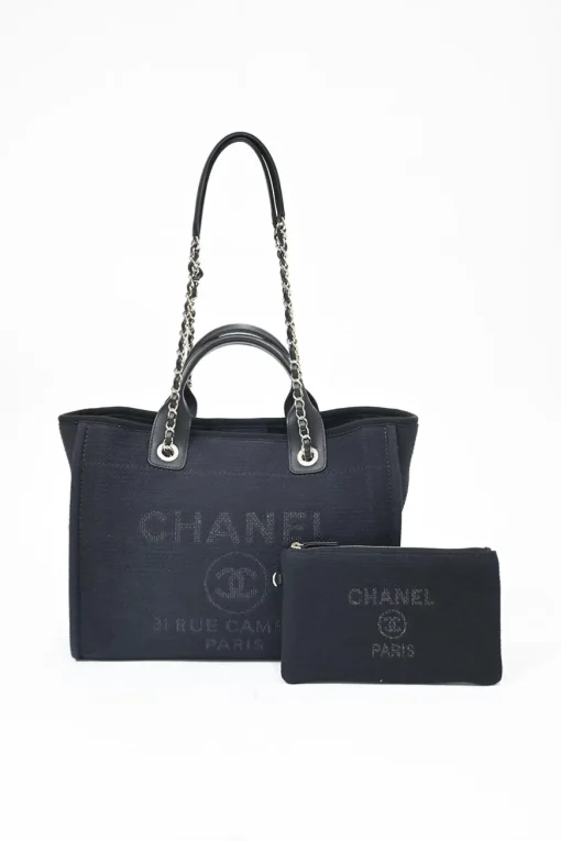 Navy blue lambskin leather-trimmed canvas Small Deauville Tote bag with gold-tone hardware