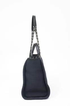 Navy blue lambskin leather-trimmed canvas Small Deauville Tote bag with gold-tone hardware