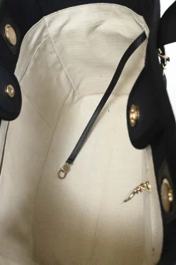 Navy blue lambskin leather-trimmed canvas Small Deauville Tote bag with gold-tone hardware