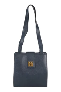 navy blue leather shoulder bag with gold buckle