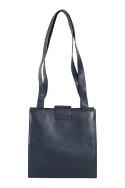 navy blue leather shoulder bag with gold buckle