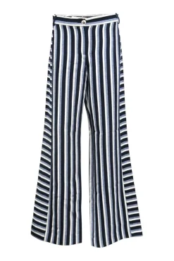 Navy blue multi-stripe wool-blend knit mid-rise wide leg trousers