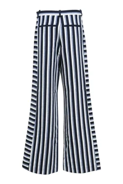 Navy blue multi-stripe wool-blend knit mid-rise wide leg trousers
