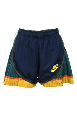 Navy blue nylon high-waist Tempo shorts with colour-block pleated hem
