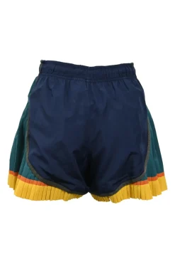 Navy blue nylon high-waist Tempo shorts with colour-block pleated hem