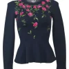 Navy Blue Virgin Wool with Embroidered Floral Sweater