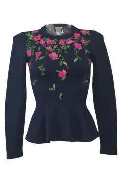 Navy Blue Virgin Wool with Embroidered Floral Sweater