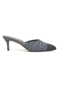 Navy bouclé tweed-bonded leather and grosgrain pointed-toe heeled mules