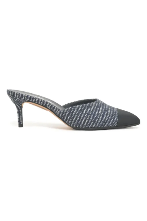Navy bouclé tweed-bonded leather and grosgrain pointed-toe heeled mules