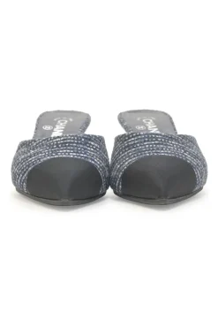 Navy bouclé tweed-bonded leather and grosgrain pointed-toe heeled mules