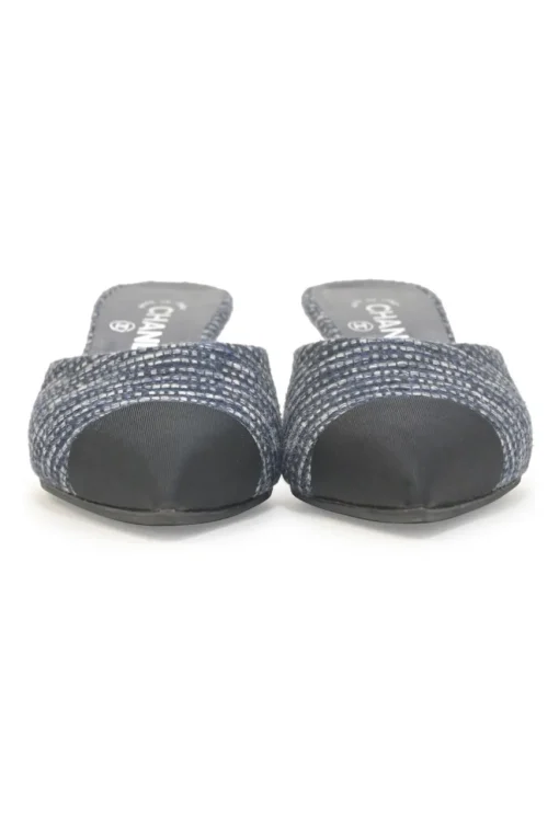 Navy bouclé tweed-bonded leather and grosgrain pointed-toe heeled mules