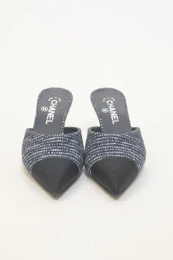 Navy bouclé tweed-bonded leather and grosgrain pointed-toe heeled mules