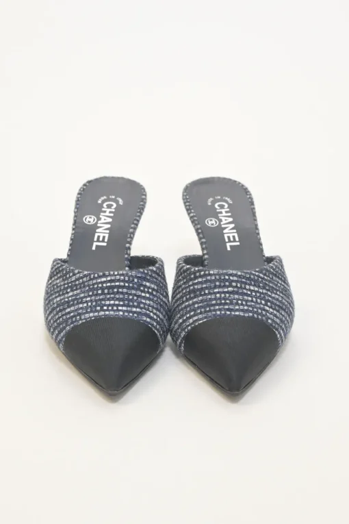 Navy bouclé tweed-bonded leather and grosgrain pointed-toe heeled mules