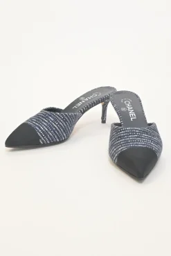 Navy bouclé tweed-bonded leather and grosgrain pointed-toe heeled mules