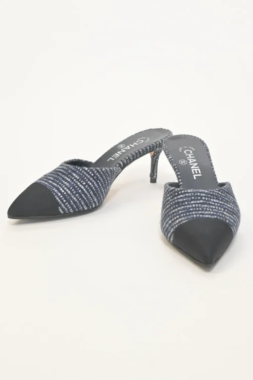 Navy bouclé tweed-bonded leather and grosgrain pointed-toe heeled mules