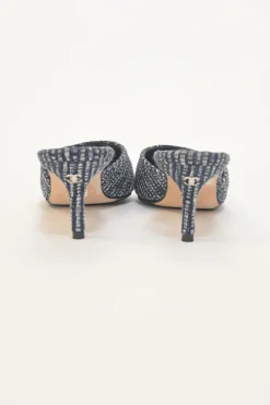 Navy bouclé tweed-bonded leather and grosgrain pointed-toe heeled mules