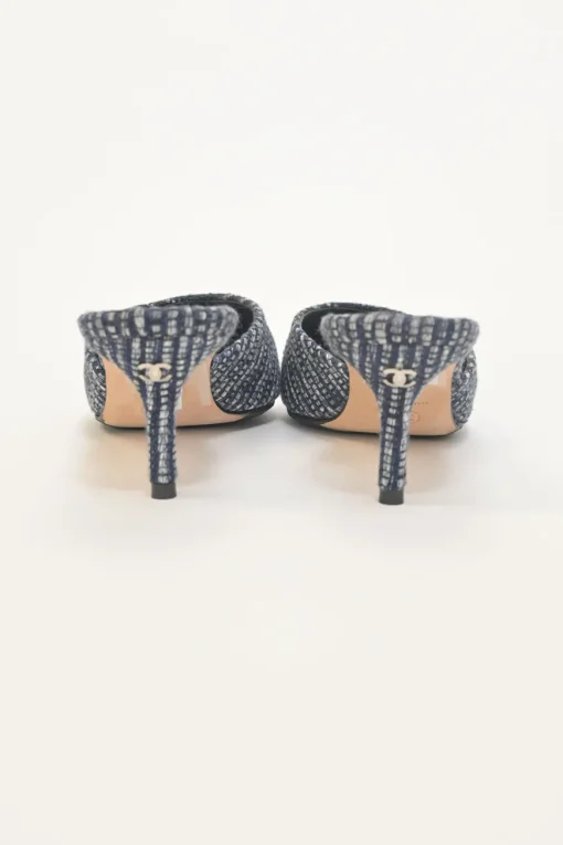 Navy bouclé tweed-bonded leather and grosgrain pointed-toe heeled mules