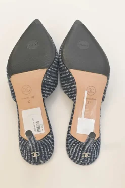 Navy bouclé tweed-bonded leather and grosgrain pointed-toe heeled mules