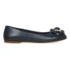 Navy calfskin camellia ballerinas with contrast metallic petal and brand-signature Coco Mark plaque