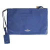 Navy clutch with wrist strap and brand stamp