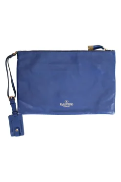 Navy clutch with wrist strap and brand stamp