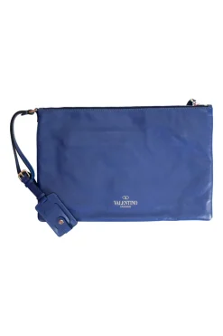 Navy clutch with wrist strap and brand stamp