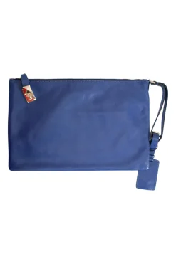 Navy clutch with wrist strap and brand stamp