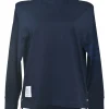 Navy cotton jersey neck pullover long sleeve knit top with 4-bar bicep stripe and vented hem