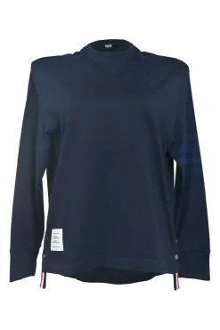 Navy cotton jersey neck pullover long sleeve knit top with 4-bar bicep stripe and vented hem