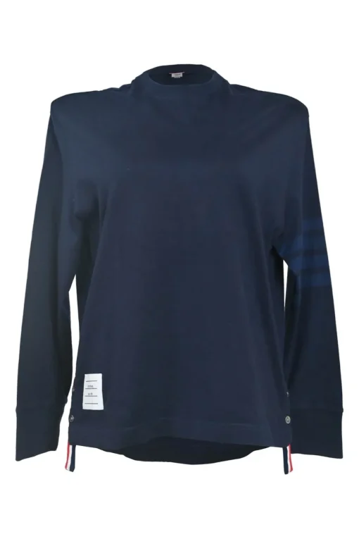 Navy cotton jersey neck pullover long sleeve knit top with 4-bar bicep stripe and vented hem