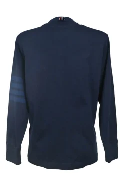 Navy cotton jersey neck pullover long sleeve knit top with 4-bar bicep stripe and vented hem
