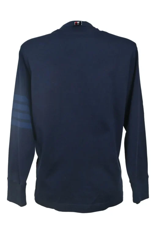 Navy cotton jersey neck pullover long sleeve knit top with 4-bar bicep stripe and vented hem