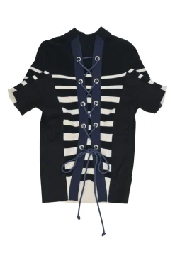 Navy cotton striped rib knit mock neck dolman sleeve pullover top with adjustable lace-up back