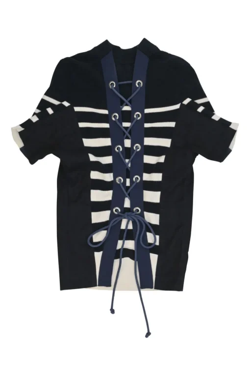 Navy cotton striped rib knit mock neck dolman sleeve pullover top with adjustable lace-up back