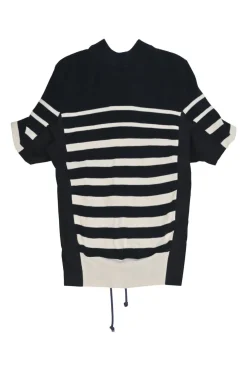 Navy cotton striped rib knit mock neck dolman sleeve pullover top with adjustable lace-up back