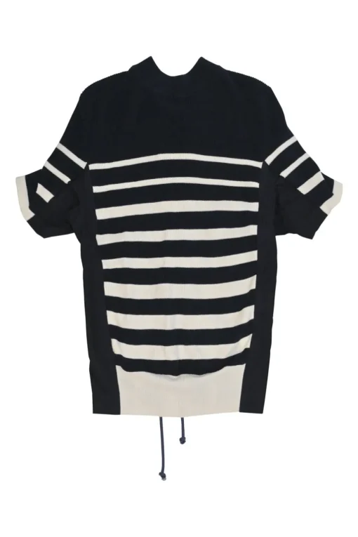 Navy cotton striped rib knit mock neck dolman sleeve pullover top with adjustable lace-up back