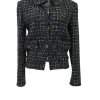 Navy cotton-acrylic blend bouclé tweed check single breasted cropped jacket with classic collar