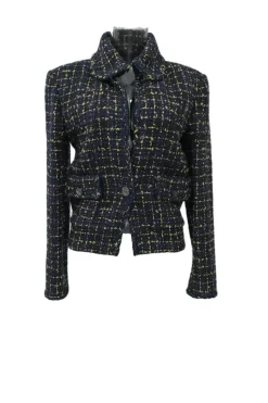 Navy cotton-acrylic blend bouclé tweed check single breasted cropped jacket with classic collar