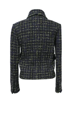 Navy cotton-acrylic blend bouclé tweed check single breasted cropped jacket with classic collar