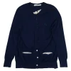 Navy cotton-blend bi-layer effect initial swing cardigan featuring contrasting lace insert at centre back