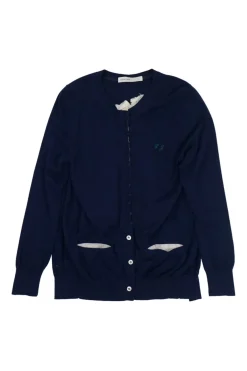 Navy cotton-blend bi-layer effect initial swing cardigan featuring contrasting lace insert at centre back