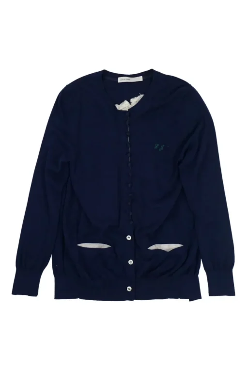 Navy cotton-blend bi-layer effect initial swing cardigan featuring contrasting lace insert at centre back