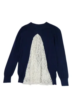 Navy cotton-blend bi-layer effect initial swing cardigan featuring contrasting lace insert at centre back
