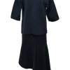Navy cotton-blend dolman sleeve blouse and asymmetric flounce hem midi skirt