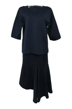 Navy cotton-blend dolman sleeve blouse and asymmetric flounce hem midi skirt
