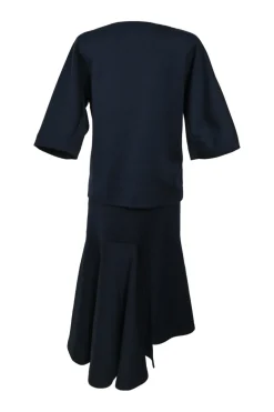Navy cotton-blend dolman sleeve blouse and asymmetric flounce hem midi skirt
