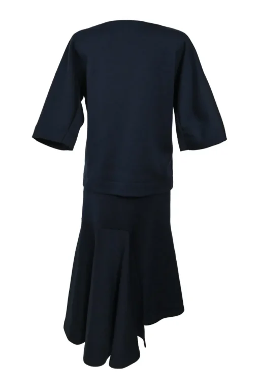 Navy cotton-blend dolman sleeve blouse and asymmetric flounce hem midi skirt