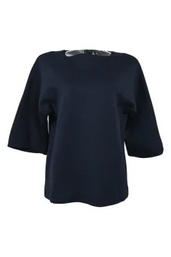Navy cotton-blend dolman sleeve blouse and asymmetric flounce hem midi skirt
